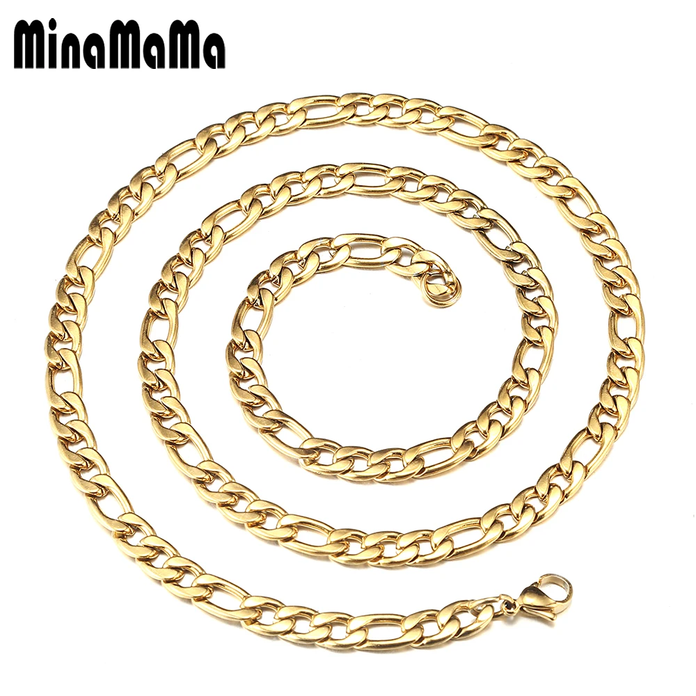 Stainless Steel Jewelry Accessories Mens Gold Color Figaro Chains