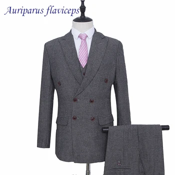 Cena Szary Harringbone Garnitur Dla Mężczyzn Tweed Smokingi Dla Pana Młodego Dwurzędowy Marynarka Na Garnitur Dla Pana Młodego Krawiec Garnitur Weselny Kurtka + Spodnie + Kamizelka