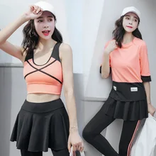 Для женщин Йога комплект удобные быстросохнущая Фитнес упражнения Бег Половина рукавом+ бюстгальтер+ юбка леггинсы 3 шт. для бега спортивный костюм