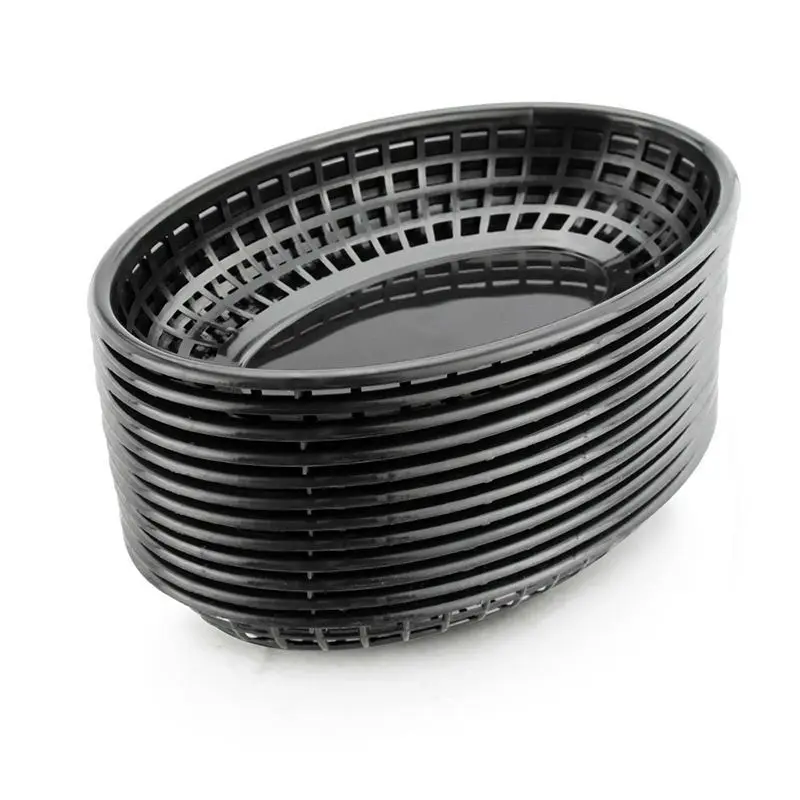 

12pcs 9.25" Oval Baskets Plastic Fast Food Baskets Black Red Serving Platter Plastic Dinner Plates Restaurant Food Bread Tray