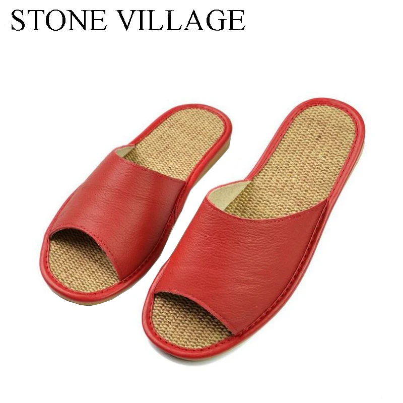 comprar STONE VILLAGE Primavera E Verão Chinelos de Couro Genuíno Não Deslizamento Sapatos de Couro de Vaca Mulheres Homens Chinelos Em Casa Piso Interior