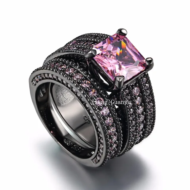 black gold filled princess pink zircon womens wedding ring sets engagement ring bridal sets sz 6 - Black And Pink Wedding Rings black gold filled princess pink zircon womens wedding ring sets engagement ring bridal sets sz 6 - Black And Pink Wedding Rings