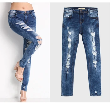 

Fashion Pants Distressed Jeans Women Long Trousers Pencil Pants with Hole S-3XL