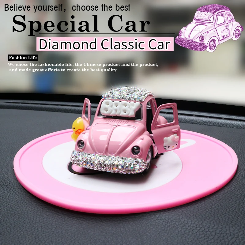 Милый мультфильм розовый автомобиль кристалл модель автомобиля мини автомобиль прекрасный подарок авто украшение интерьера горный хрусталь орнамент для украшения автомобиля для леди