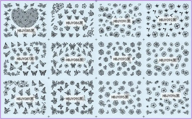 12 шт./лот, самоклеющиеся 3D наклейки для ногтей, татуировки, белый, черный, золотой, серебряный, сладкое сердце, Бабочка, цветок, HBJY085-096 - Цвет: HBJY085-096BLACK