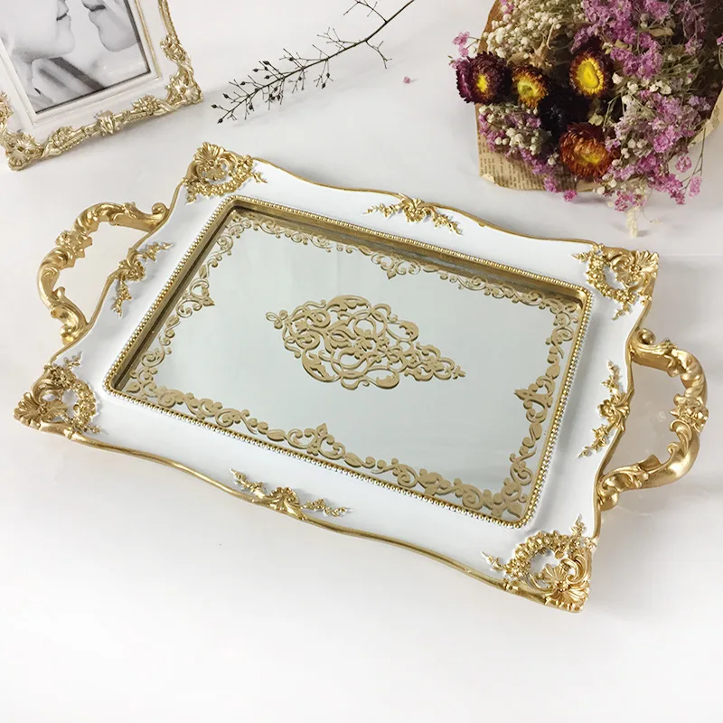 Ретро Европа смолы зеркальные тарелки миска-лоток цвета слоновой кости дворцовые резные цветы Золотое зеркало поднос украшения ремесла