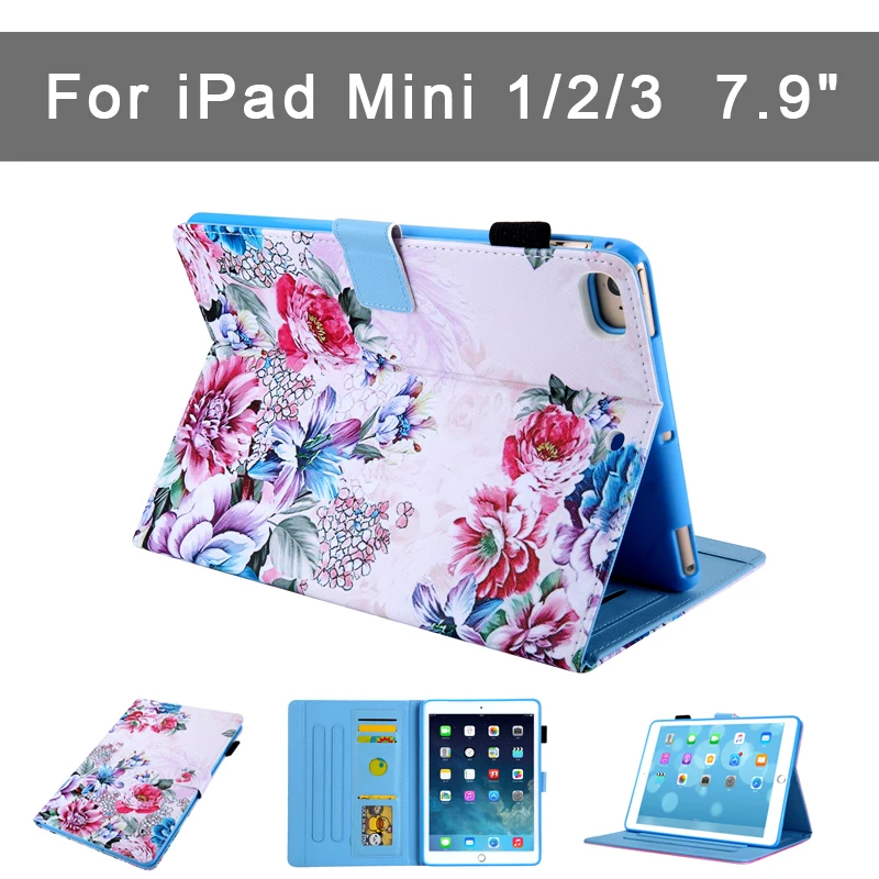 

Case for iPad mini 1/2/3 hard back Flip smart stand cover pu+tpu Printed Cute case Flower coque funda 7.9 inch Can insert cards