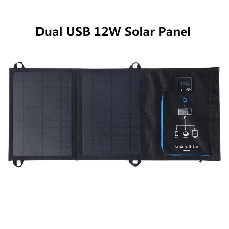 

Foldable Dual USB 5V 12W Solar Panel For IOS Android Voltage & Current Display Solar Battery Portable Solar Charger