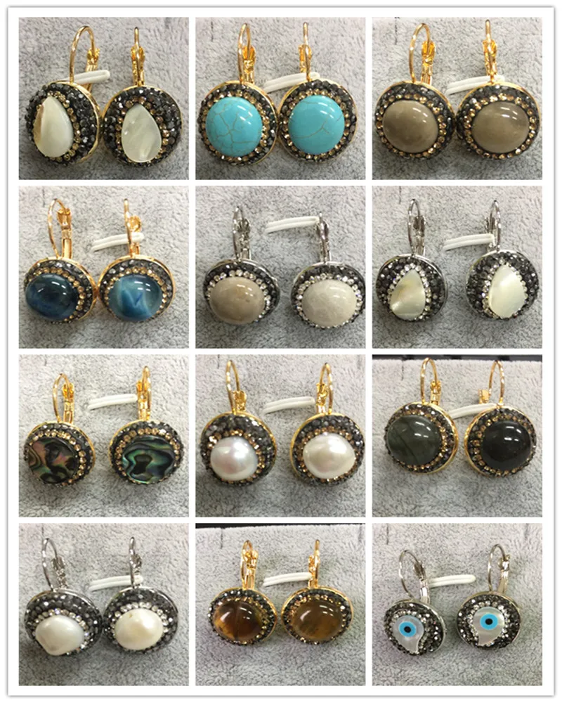 

New Designer Jewelry Vintage Dangle Earrings Natural Gem Stone Pearl Shell Inlay Rhinetsone Metal Hook EarDrop Woman Earrings
