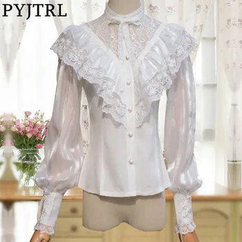 

PYJTRL New Lovely Lolita Vintage Elegant Lace Long Sleeve Blouse Stand Collar Grenadine Lantern Sleeve Black White Chiffon Shirt