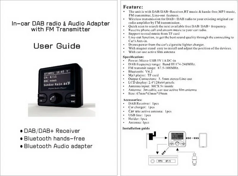 FM Transmitters GPS Bluetooth Adapter Tuner Audio Output Car Auto Radio Car Dab GPS Receiver DAB/DAB+Receiver Wireless Handfree