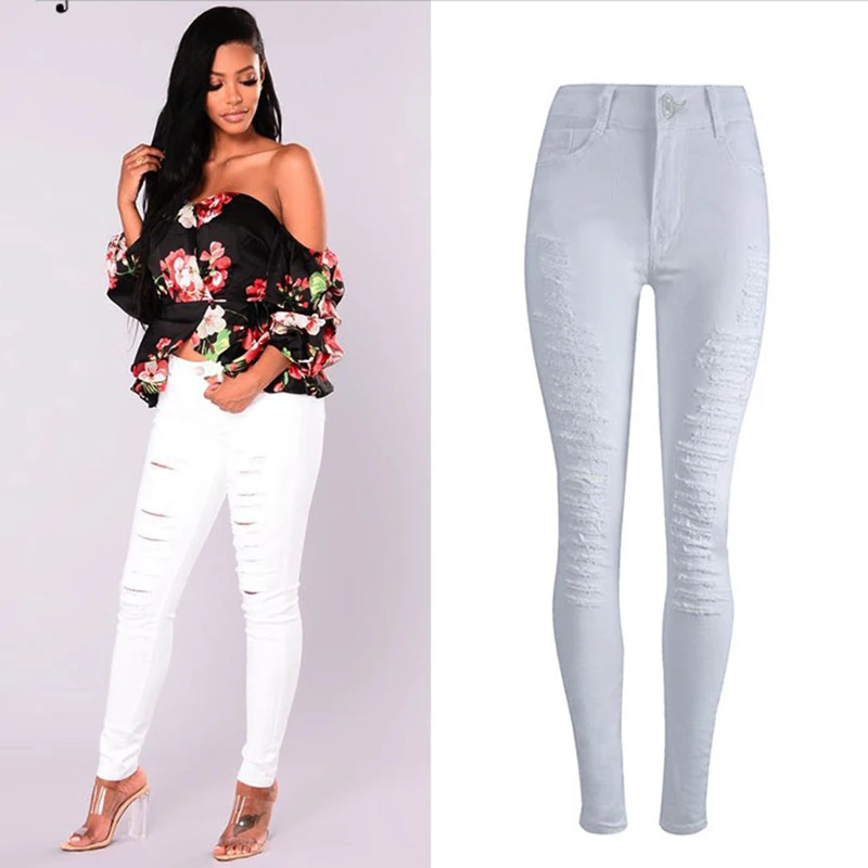 

Slim Hole Ripped Jeans for Women Mid Waist Denim Plus Size fashion Pants Blue 2018 Casual Design ladies Pencil Trousers 100%