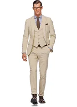 HOT SELLING 100% wool Hand made beige 3 pieces(jacket t+pants+vest) two buttons notch lapel mens dress suit