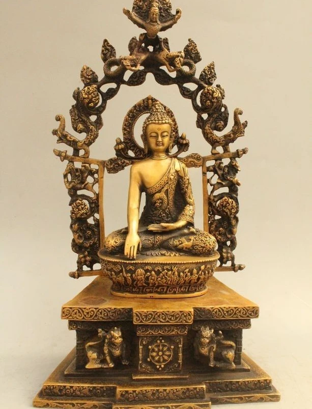 

15" Tibet Buddhism Bronze Dragon Sakyamuni Shakyamuni Amitabha Buddha Statue
