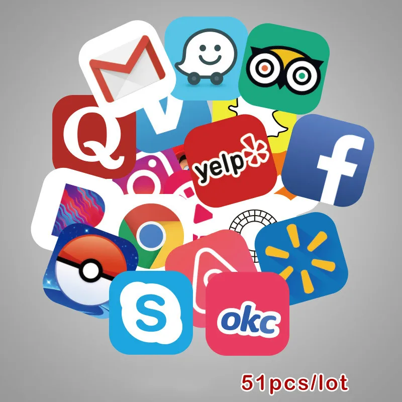 

51 Pcs APP Icon Classic Stickers for Laptop Suitcase Skateboard Refrigerator Wardrobe Wall Guitar Moto Car Bike Kids Toy Sticker