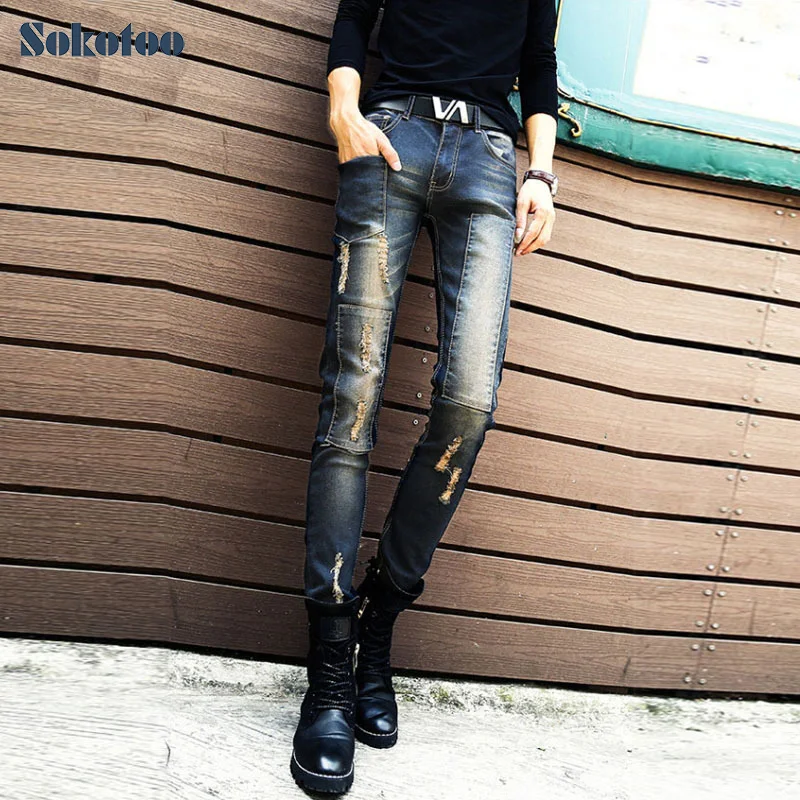 Sokotoo Для мужчин модные отверстия патч рваные узкие джинсы мужские тонкие джинсовые узкие брюки в Корейском стиле длинные штаны Бесплатная