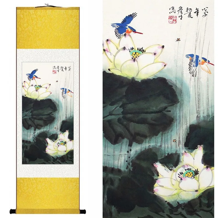 

Traditional Chinese Silk watercolor flower & bird Lotus two Kingfisher ink art canvas wall picture damask framed scroll painting