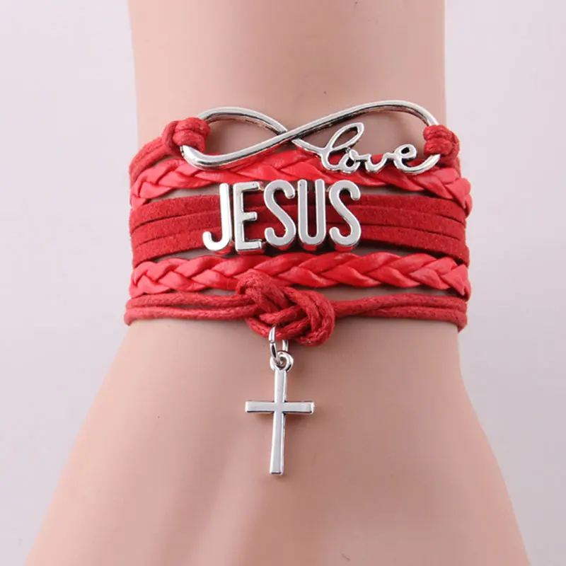 Бесконечность любовь браслет с Иисусом Крест Шарм религиозная вера кожа обернуть мужские браслеты и браслеты для женщин ювелирные изделия
