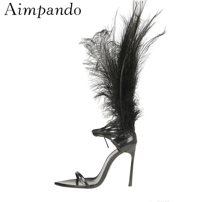 

Fashion Catwalk Feather Gladiator Sandals Women Open Toe One-strap Cross Tied Narrow Band Summer Sandalias