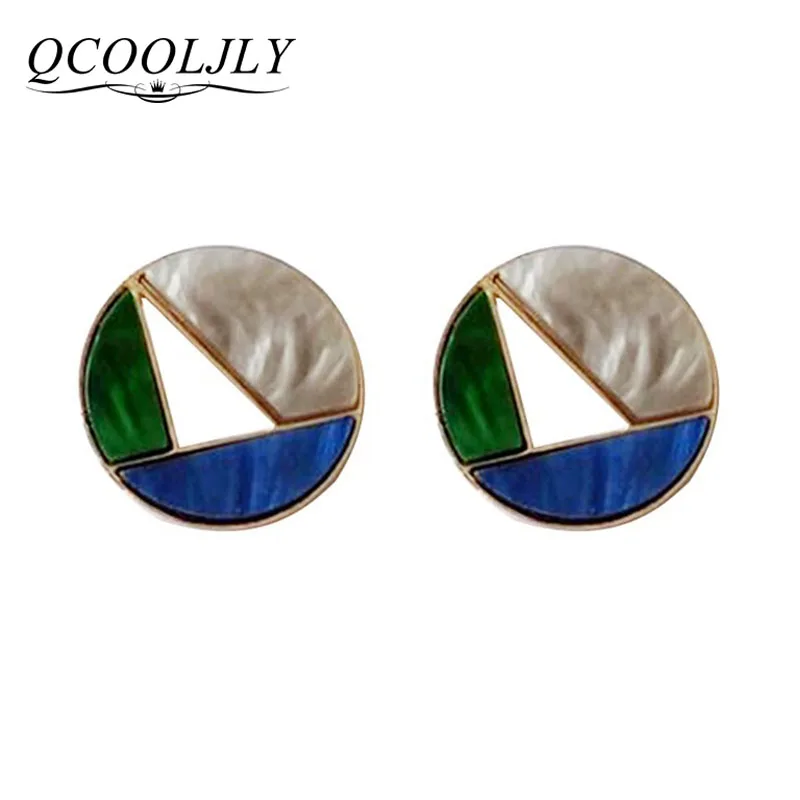 

QCOOLJLY Metal Colorful Stitching Resign Stud Earring Marble Pattern Round Circle Oval Triangle Square Geometric Earring