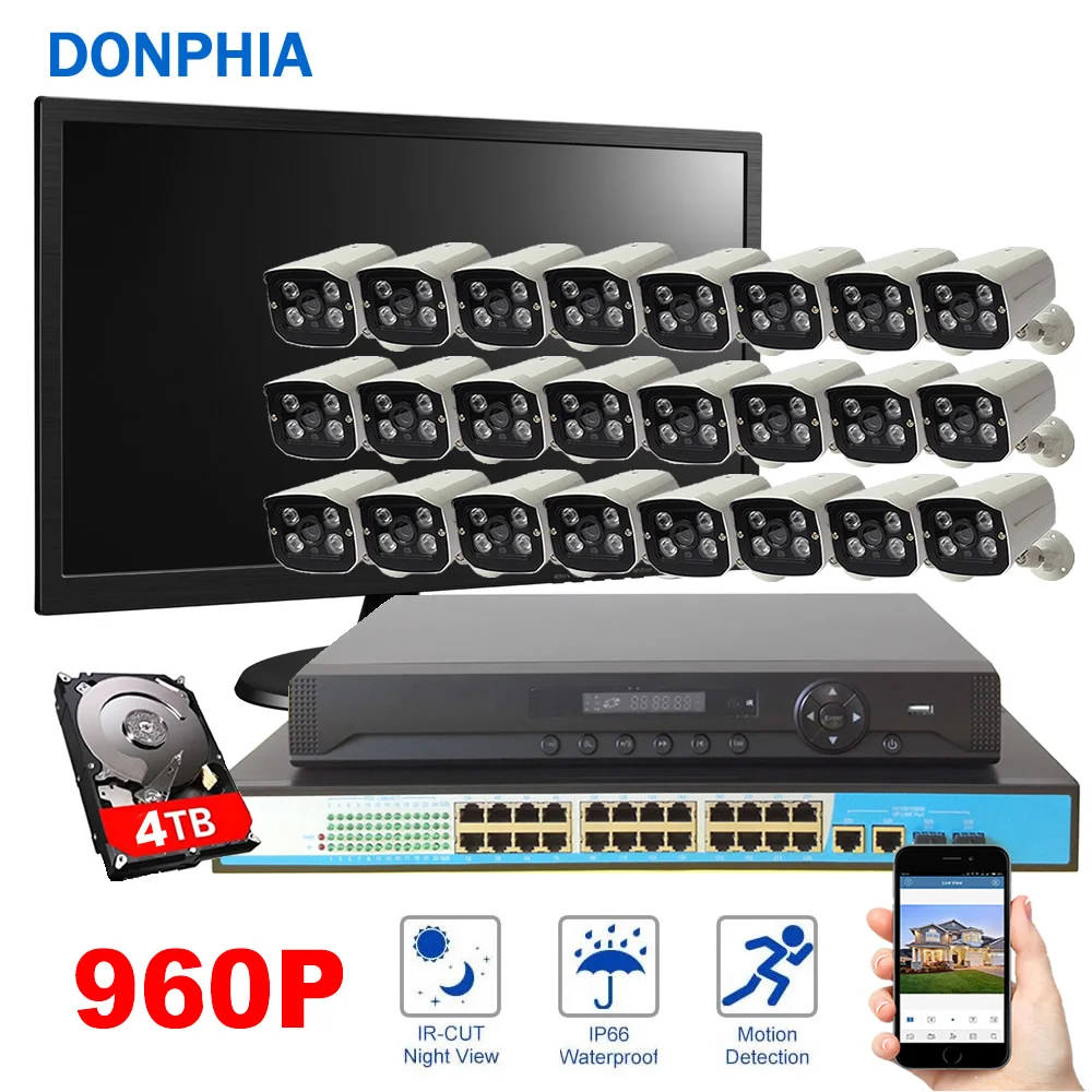 Камера Безопасности 24CH POE NVR Kit PoE коммутатор ip камера 960P 4 ТБ HDD дисплей