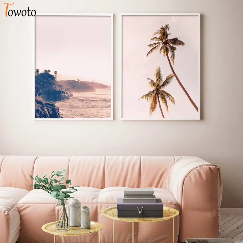 Seascape Canvas Painting Ocean Wave Art Print Palm Poster Pink Pastel Color Wall Decoration Pictures Coastal Decor | Дом и сад