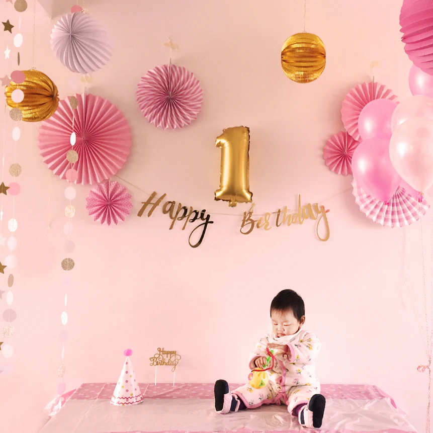 

2018 New! 24pcs/set 1st Birthday Party Decorations Happy Birthday Banner Foil Latex Balloons Paper Fans Girl Birthday Decor