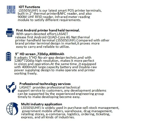 LS550S(UHF) 5 дюймов Сенсорный экран промышленный планшет android Smart Pos терминал с принтером со встроенным ИК rfid-считыватель, NFC, WI-FI, 4G