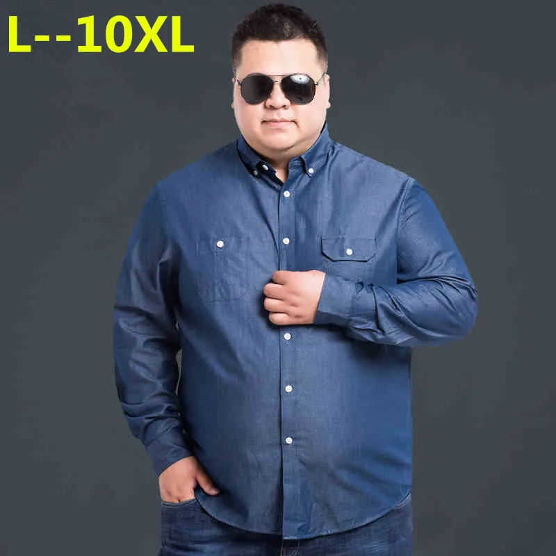 8XL 6XL 5XL весна осень Мужская рубашка с длинным рукавом модная Повседневная джинсовая рубашка мужская хлопковая рубашка размера плюс на пуговицах camisa masculina - Цвет: Тёмно-синий