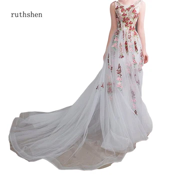 

ruthshen Sexy Backless Embroidery Flower Prom Dresses White Tulle Illusion Adjustable abiye gece elbisesi Prom Gowns with Trail