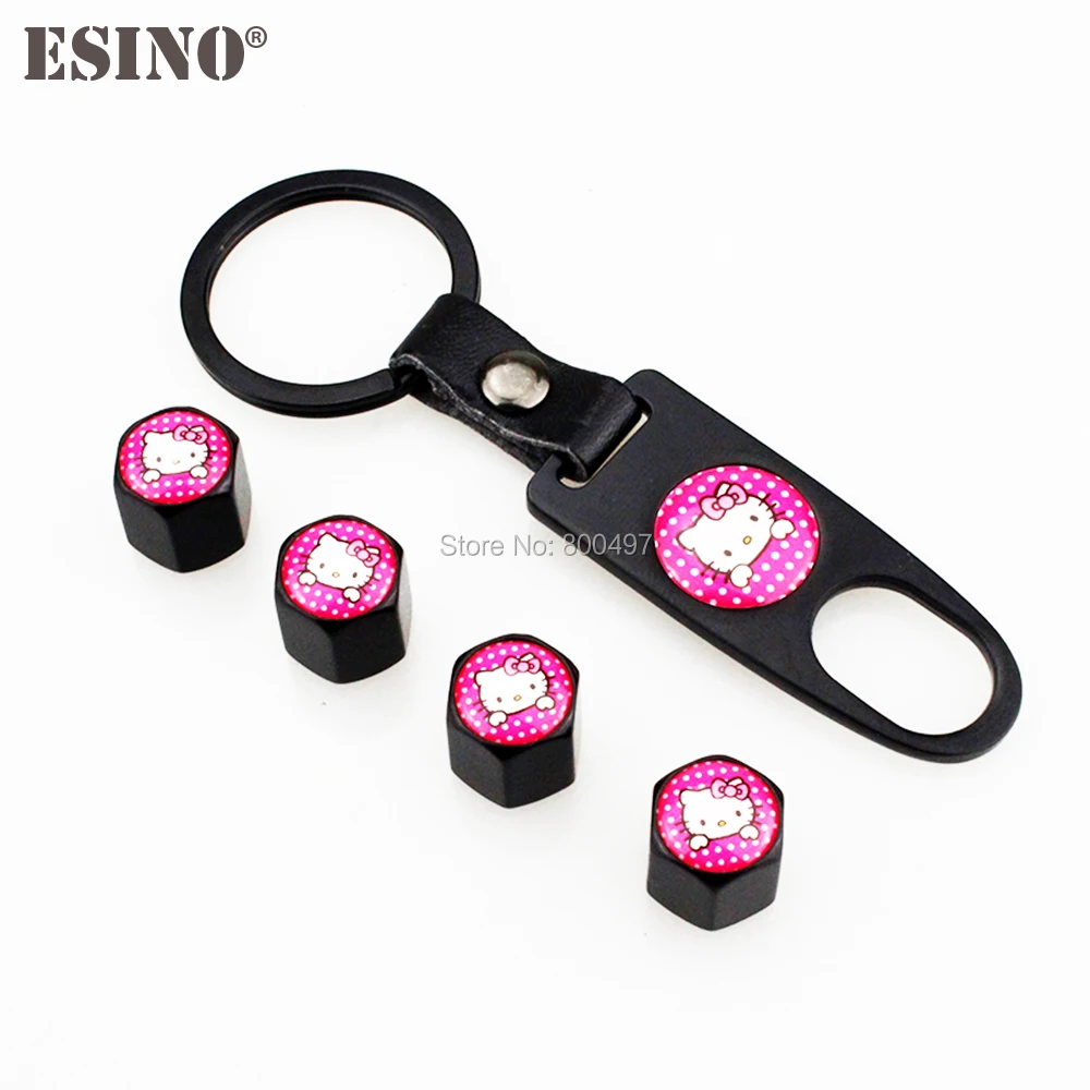 

4 x Car Styling Stainless Steel Zinc Alloy Wheel Tire Valve Stems Caps Pink Hello Kitty Universal With Mini Wrench Key Chain