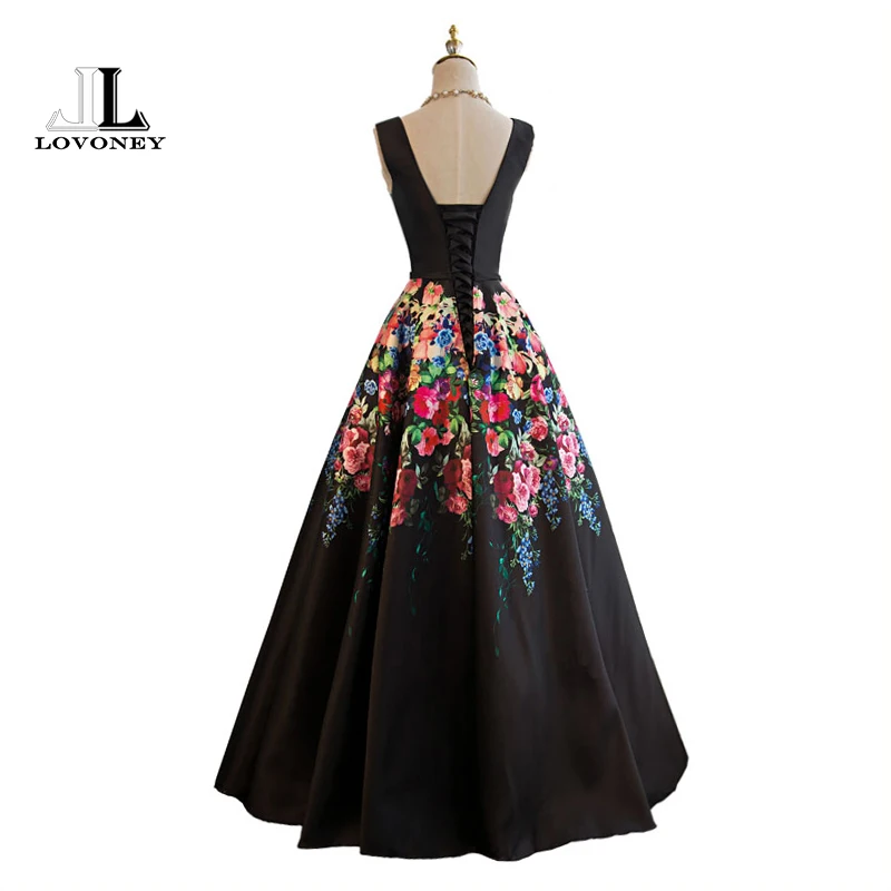 LOVONEY Evening Dresses Long A Line V Neck Sexy Formal Dress Flower Pattern Satin Party Dresses Evening Gown Lace-Up Back M242