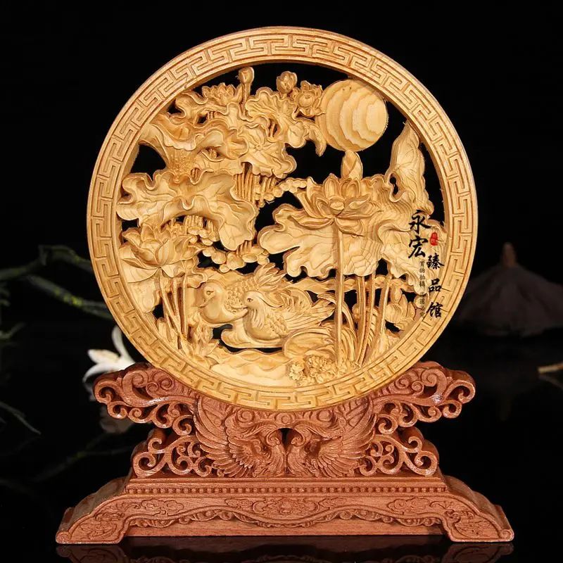 Деревянная резная работа Loong Phoenix fish, цветы животных, китайское слово, настольные украшения для дома(A014 - Цвет: Темный хаки