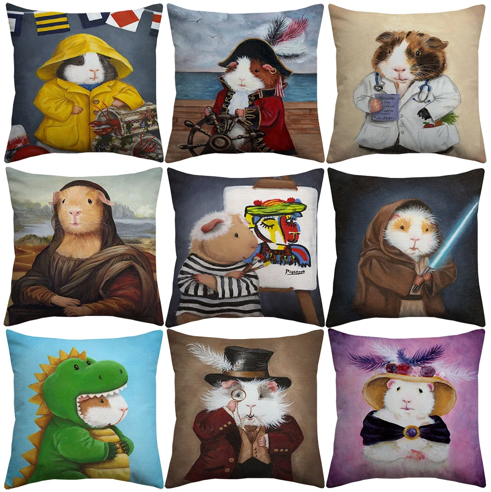 

Guinea Pig In Costumes Art Cushion Covers European Retro Style Oil Paintings Animal cavy Cosplay Cushion Cover Linen Pillow Case