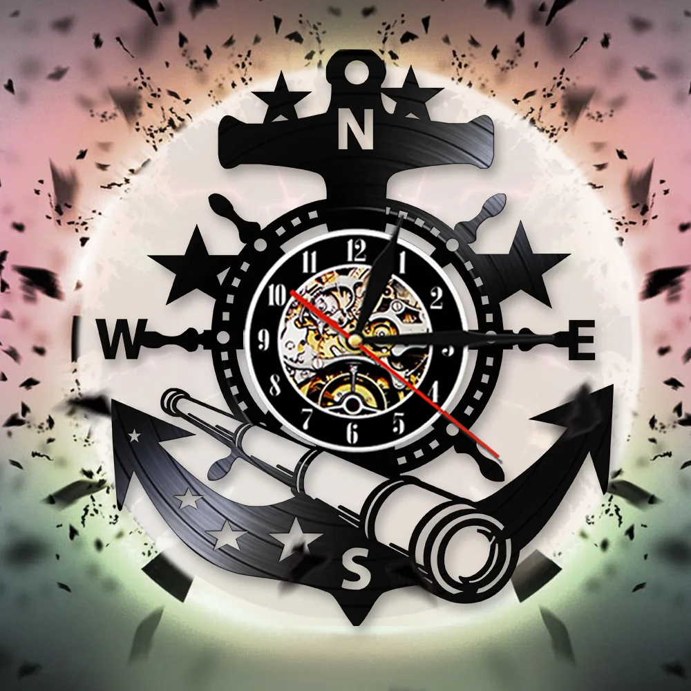 

Marine Nautical Ship Steering Wheel Wall Clock Vintage Vinyl Record Wall Clock Watches Anchor Wall Decor For Living Room Bedroom
