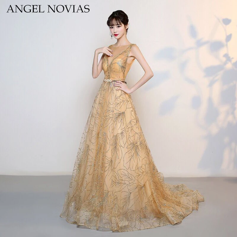 ANGEL NOVIAS 2018 New Custom Make Gold Glitter Sparking Evening Dress Long Formal Amazing Vintage Arabic Prom Dresses