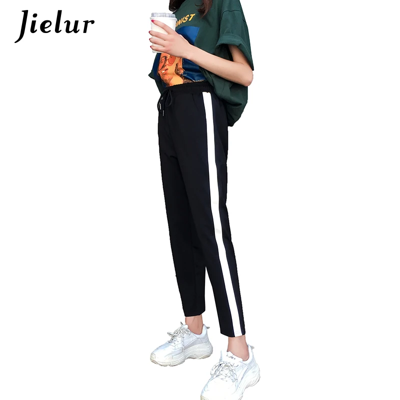Jielur/Харадзюку женские штаны шаровары в полоску сбоку тонкие Moda Mujer 2018