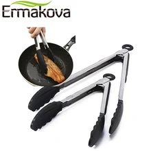 ERMAKOVA 2 Pcs/Set 9-Inch&12-Inch Black Kitchen Stainless Steel Tong Non-Stick Silicone Salad&Grill Salad Serving Bread BBQ Tong