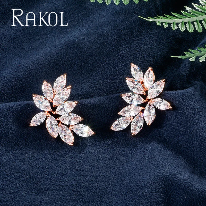RAKOL Новая мода AAA кубический циркон прозрачный в форме листа шпильки Комплект сережек для женщин Девушка Вечерние платья аксессуары RE12233