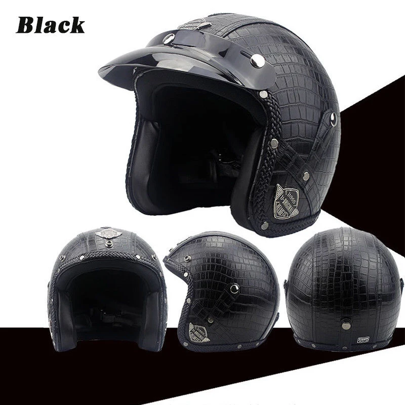 For Motorcycle Helmets 3/4 Open Helmet PU Leather + Goggle Mask Vintage Style