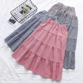 

Elegant Women Plaid Print Skirt High Waist Pleated Long Skirt Vintage Spring Summer Skirt