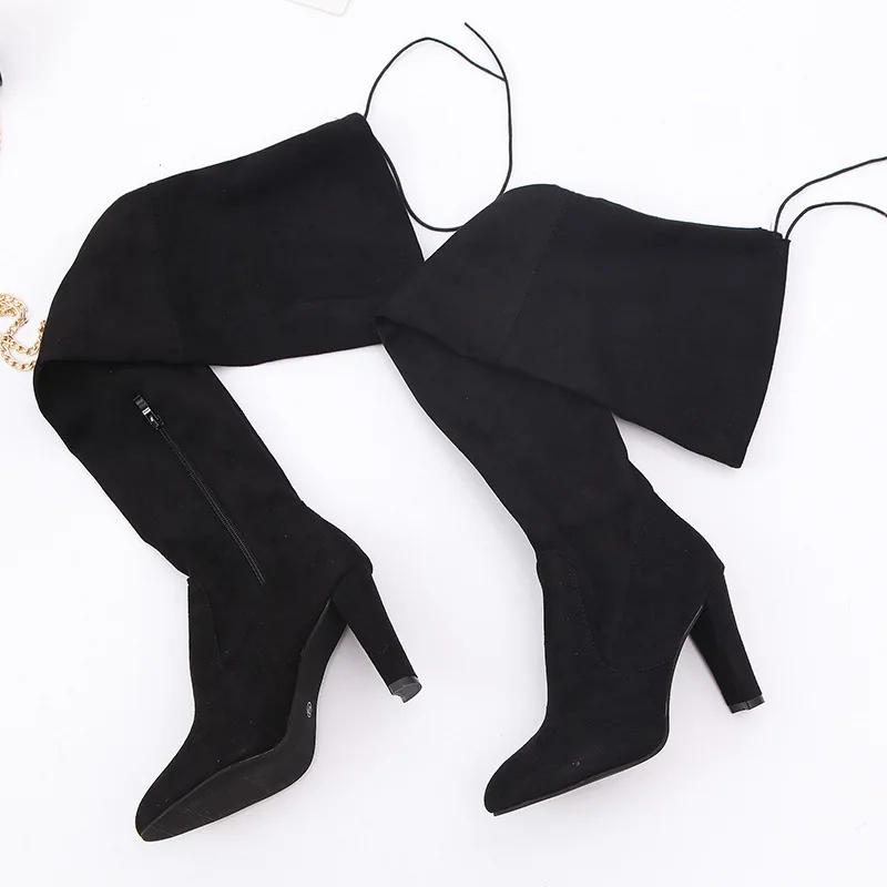 

2019 New Pointed Thick High Heel Women's Boots Side Zipper Thin Leg Straps Sexy Over The Knee Boots Large Size Elastic Boots