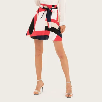 

Wasteheart Summer Bohemian Women Fashion Sexy Skirt High Waist Mini Skirt Plaid Long Skirts Casual A-Line Sashes Lanon Plus Size