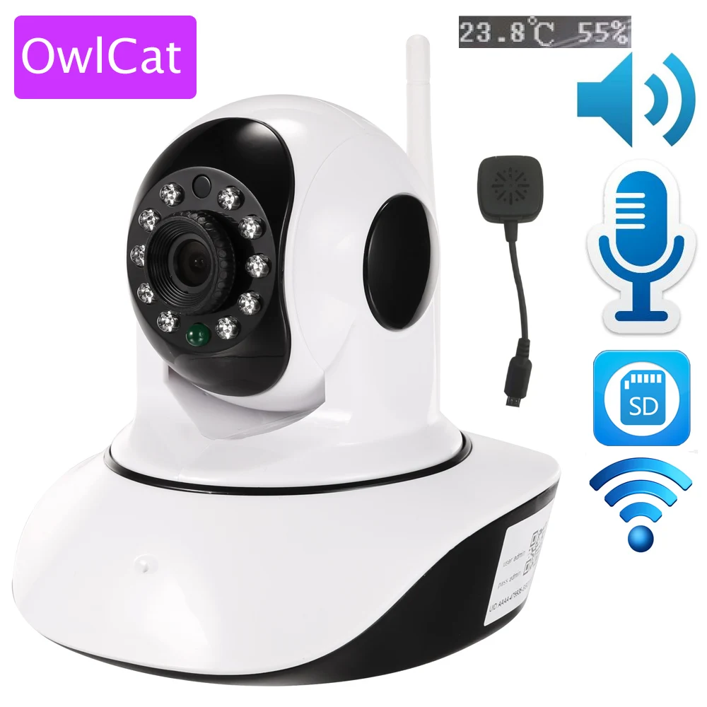 OwlCat, беспроводная, 1080 p, 720 p, HD IP камера, WiFi, купольная, ИК, ночная, P2P, Радионяня, аудио, разговор, SD CCTV, Onvif, датчик температуры и влажности