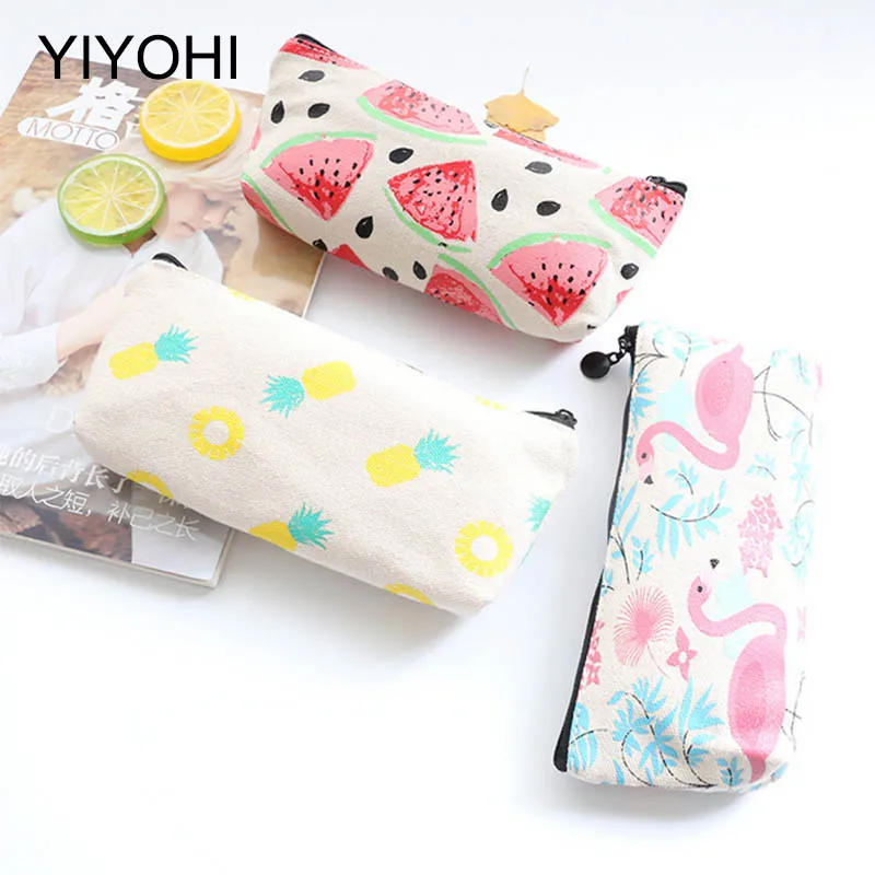 

YIYOHI Portable Canvas Flamingo Floral Cosmetic Bag Travel Toiletry Wash Makeup Storage Bags Organizer Make Up Case For Women