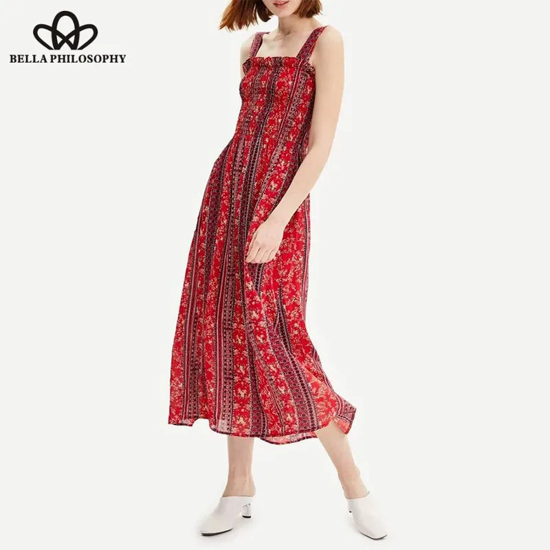 2019 NEW Elastic Spaghetti Strap Dress Vintage Indie Folk Female Print Long Maxi Dress Casual Holiday Lady Beach Dress Wonder