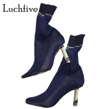 

Hot Stretch Fabric Strange High Heels Sock Boots Women Round Toe Slip On Elastic Ankle Boots Black Red Runaway Botas Feminina