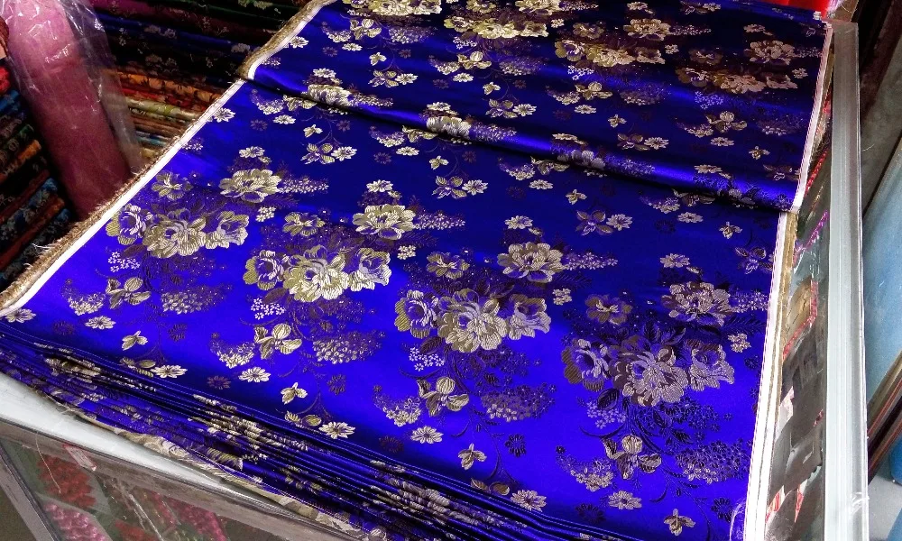 

chinese silk brocade fabric cheongsam cushion sapphire blue back with gold and black coffee peony flowers pattern new match