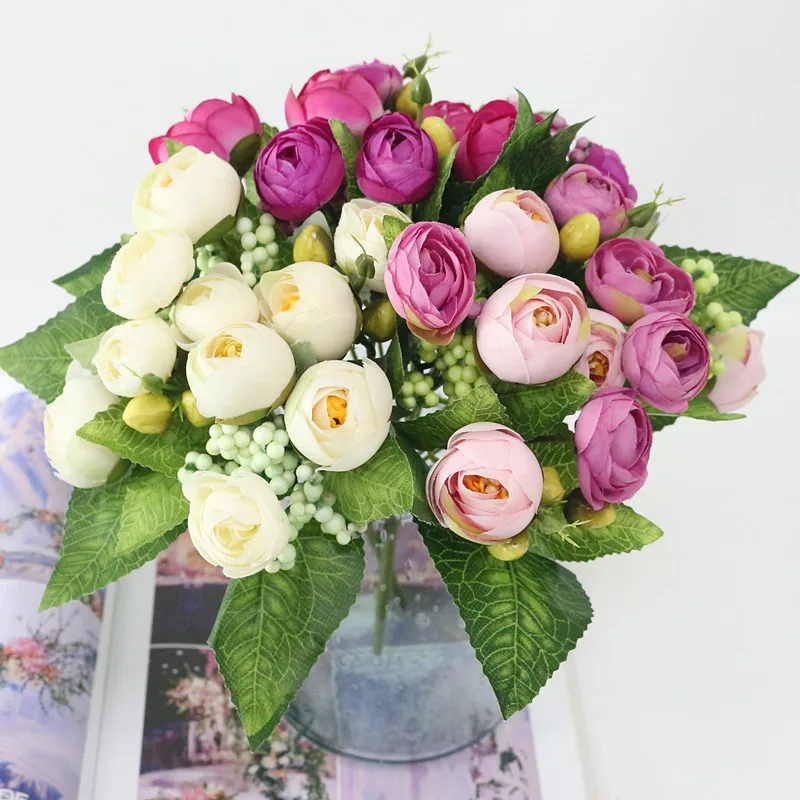 Flone 10 Head Artificial Tea Rose Flower Bouquet Silk Flower Simulation Tea Rose Fake Flower Wedding Home Party Decor Flores (5)