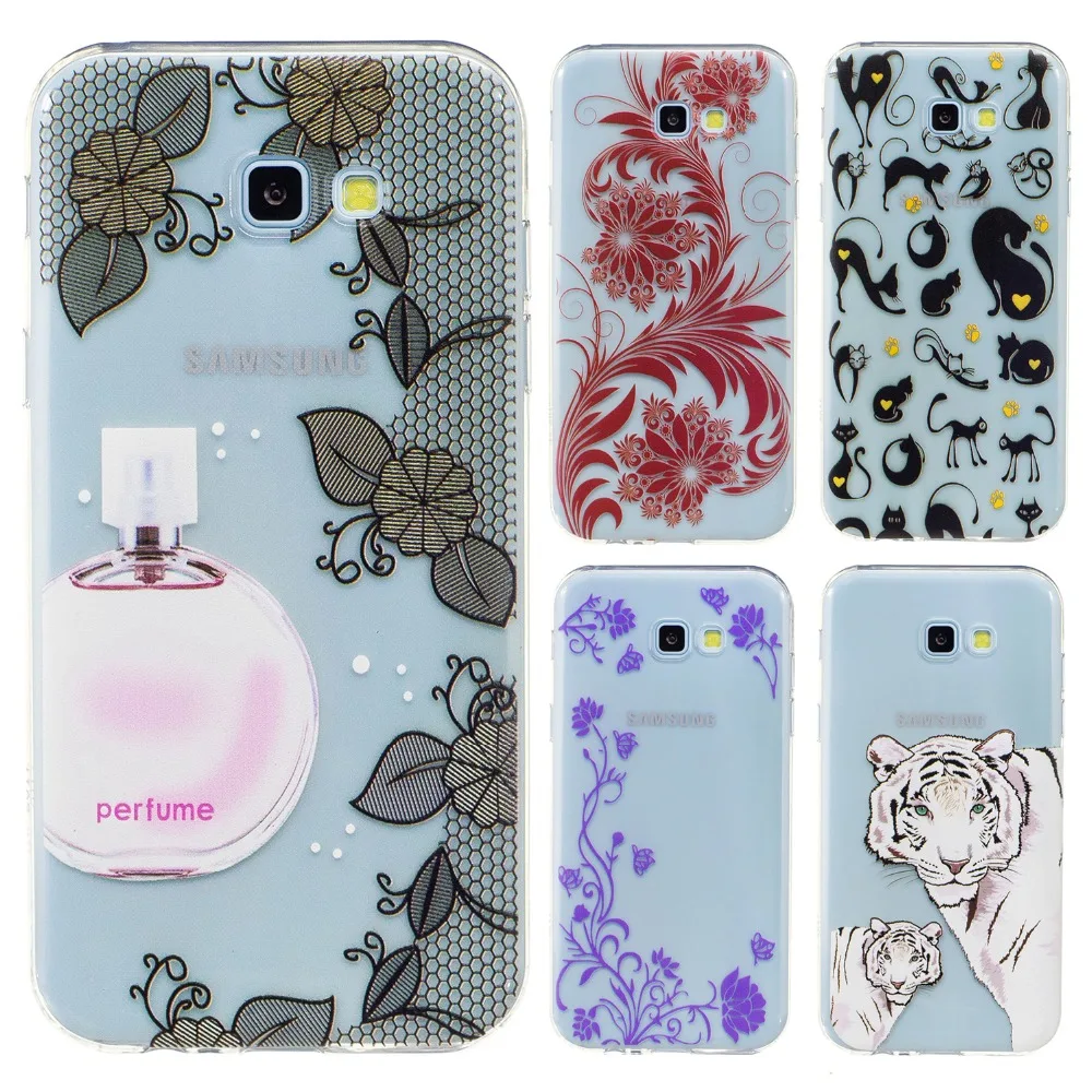 Pink Rose Black White Purple Blue Perfume Flower Tiger Cat Transparent TPU Soft Phone Cover Case For Samsung Galaxy A720 A7 2017 |